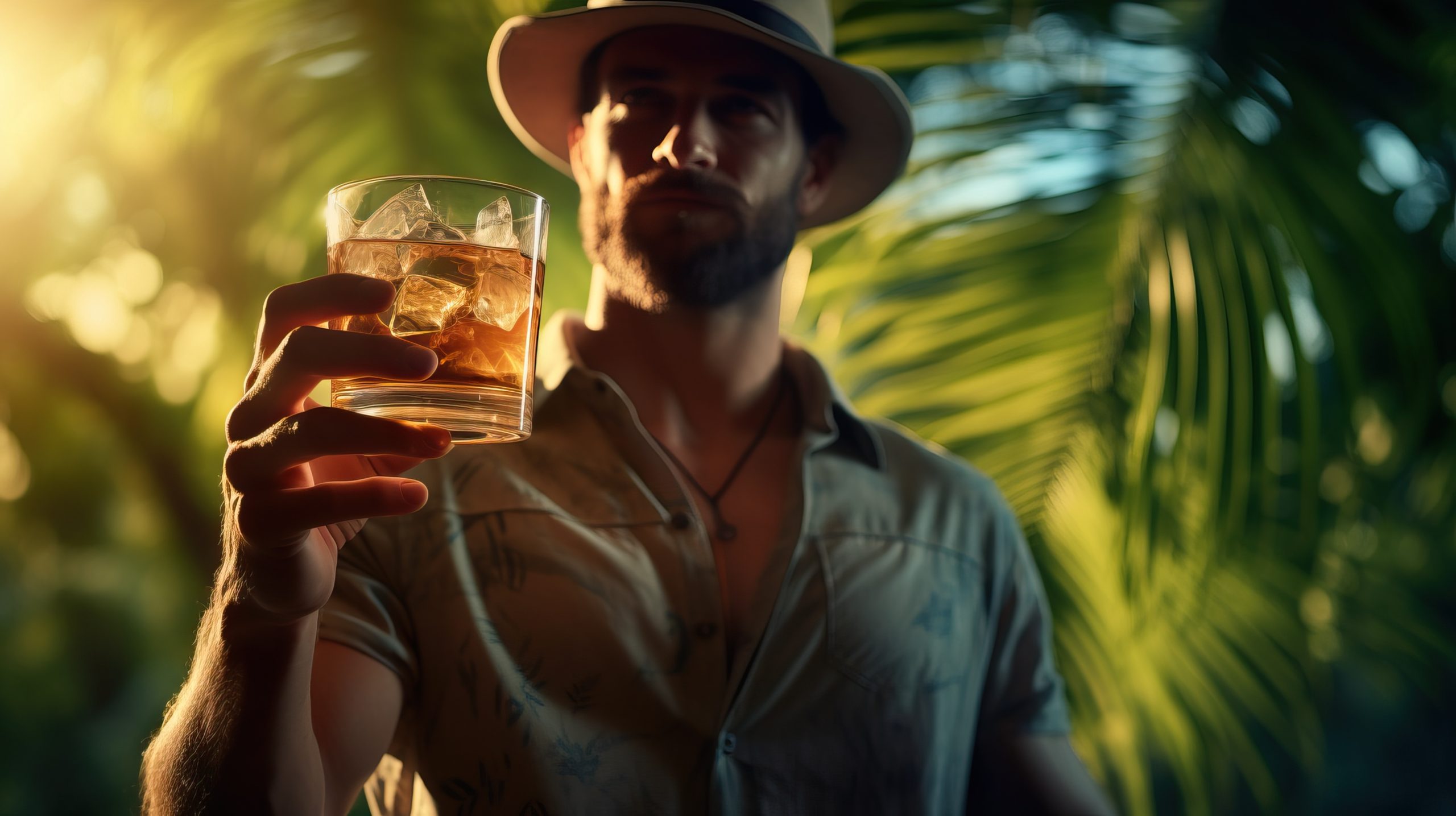 The image displays a mid-shot of a man wearing a wide-brimmed hat and a casual button-up shirt, extending his arm to present a glass of amber-colored whiskey with ice cubes. The background showcases a lush, tropical setting with palm leaves subtly illuminated by warm, natural light, suggesting a serene evening atmosphere. His facial expression is relaxed and content, evoking a sense of leisure and enjoyment.